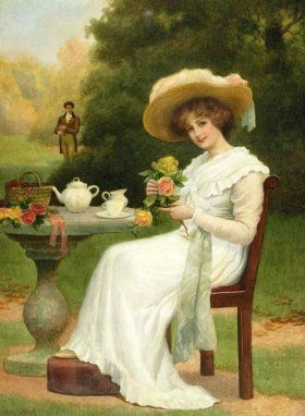 Mujer en época victoriana tomando un té